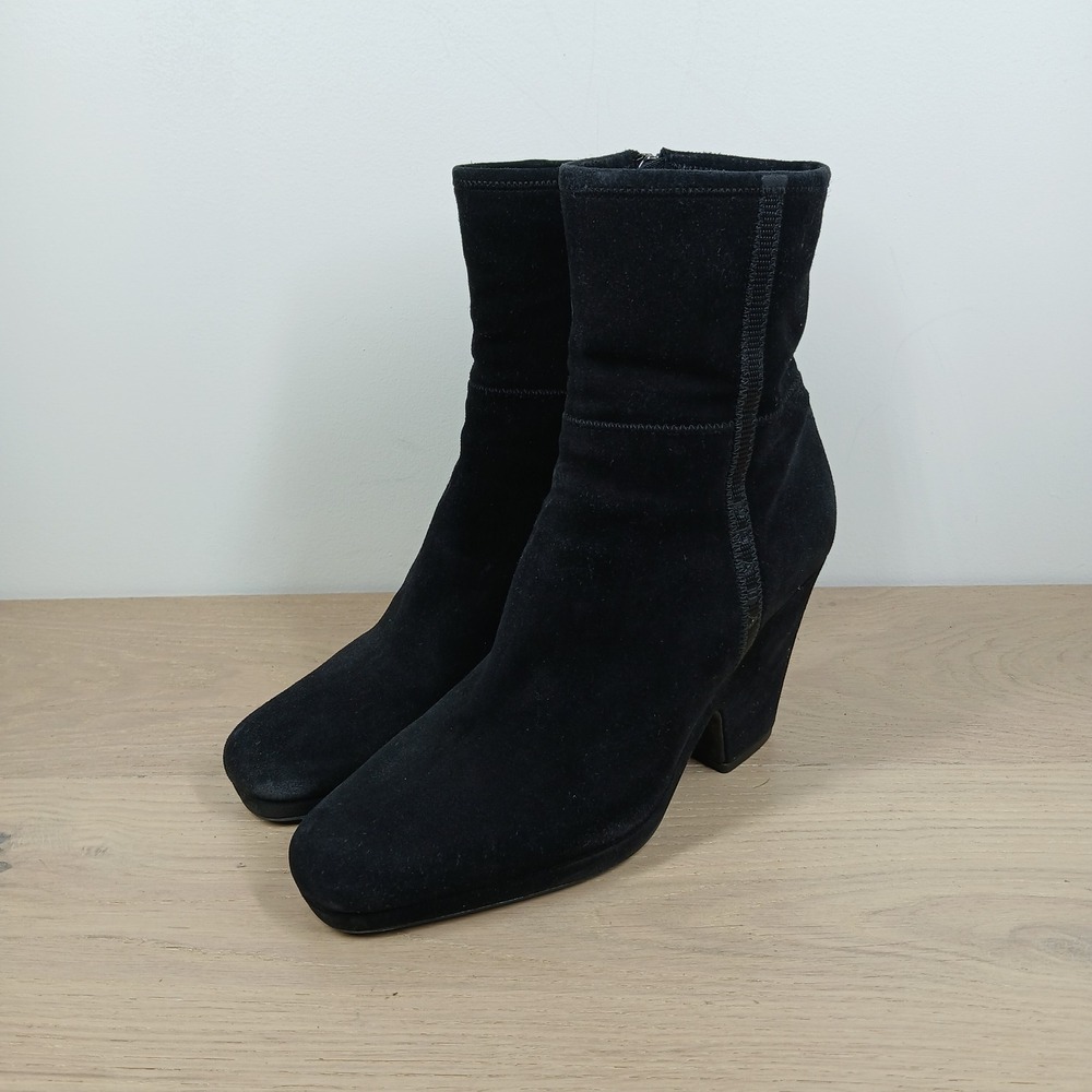Prada Boots Womens 9.5 Black Leather Ankle Block Heel Platform Designer Boot